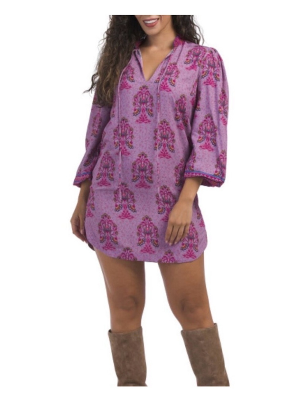 CELINA MOON Pink Floral Tie-Neck Tunic dress
